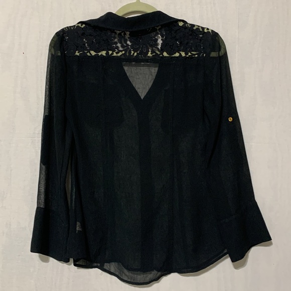 2B Bebe Semi Sheer Lace Panel Long Sleeve Button Down Shirt - Picture 5 of 6